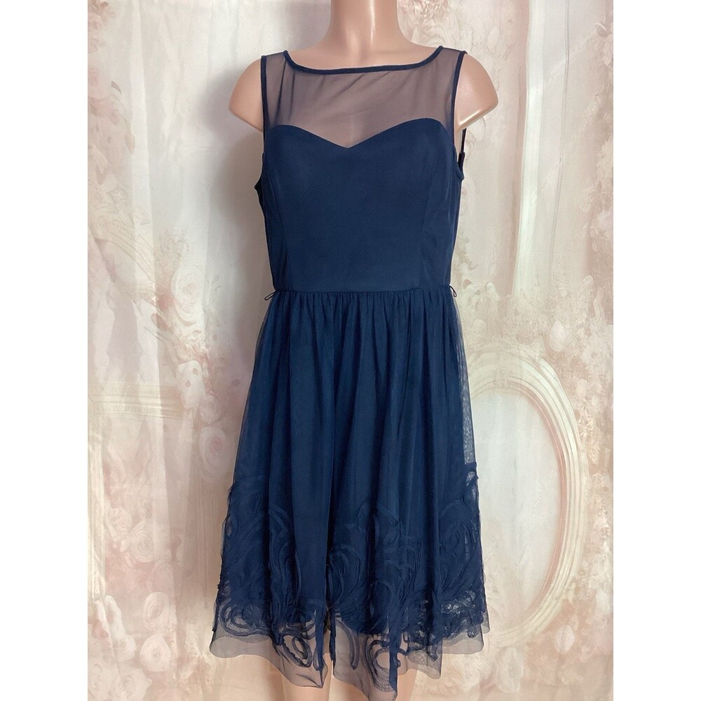 Eliza J Navy Blue Dress Mesh Fit and Flare Illusion Formal,Cocktail Party Size L